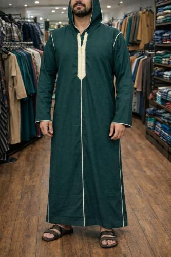 ثوب مغربي زيتي و ابيض كم طويل