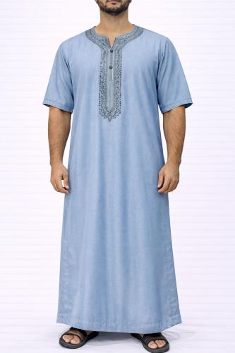 ثوب مغربي سماوي نقشه رصاصي كم قصير