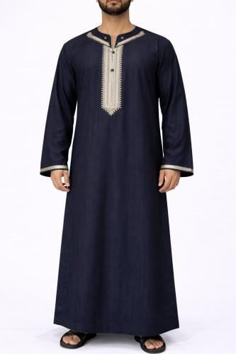 ثوب مغربي كحلي و ذهبي كم طويل