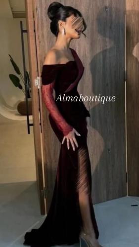 فستان سهره مخمل عنابي