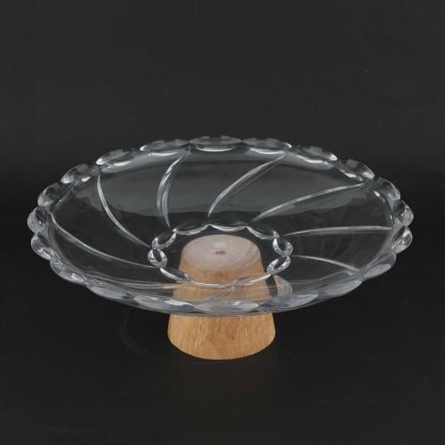 صحن زجاج دائري بقاعدة خشب مقاس 34*12 سم