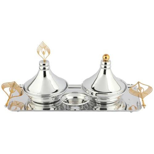 طقم تمرية استيل فضي بمسكة ذهبي