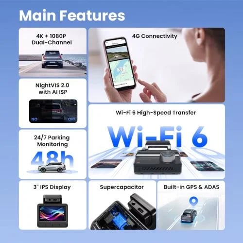 DDPAI – داش كام Z50 Pro (كاميرا أمامية وخلفية 4K + GPS + 4G)