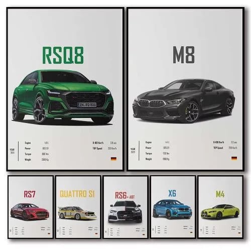 بوستر سيارات ألمانية فاخرة M8 M4 R8 RS6 – ديكور جداري للمرآب والمنزل