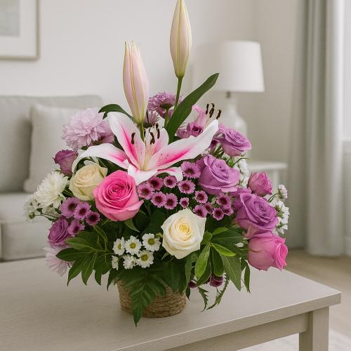 سلة ورد الزنبق الشرقي مع الجوري