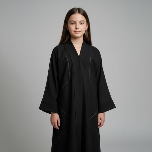 A black touch abaya, closed, with snap buttons, and decorated with beads