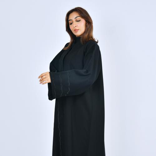 Black satin abaya with wavy embroidery