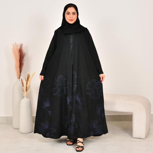 عباية لق سوداء كلوش بتطريز انيق باللون الكحلي اسفل...