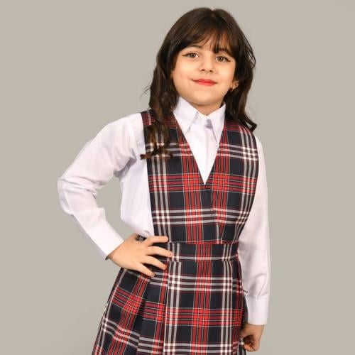 مريول روضة بناتي كاروهات أحمر خصر مزموم و كسرات جا...