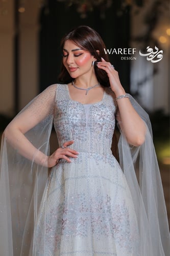 فستان سهرة سكري A-line كاب طويل قماش تول مطرز بالو...