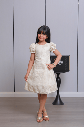 فستان بناتي بتطريز فراشات وأكمام منفوشة