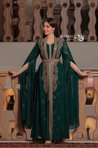 جلابية خضراء ناعمة قطعتين من قماش الشيفون تطريز ذه...