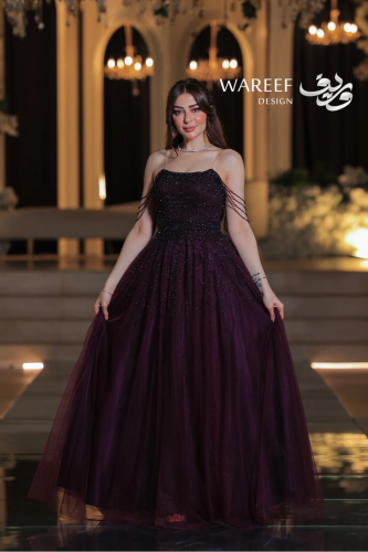 فستان سهرة بنفسجي داكن أوف شولدر أكمام منفصلة مرصع...