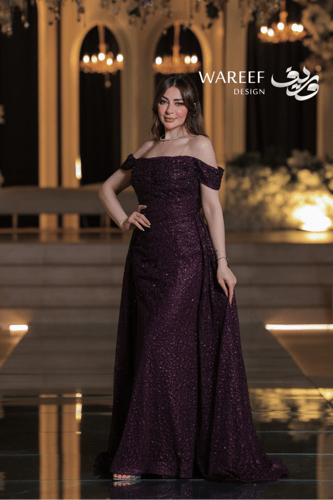 فستان سهرة بنفسجي بوردو أوف شولدر تطريز خرز فتحة ج...