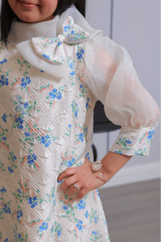 فستان بناتي بتطريز ورود ملونة وأكمام شفافة مكشكشة