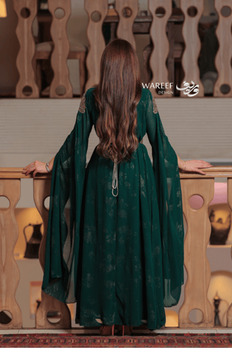 جلابية خضراء ناعمة قطعتين من قماش الشيفون تطريز ذه...