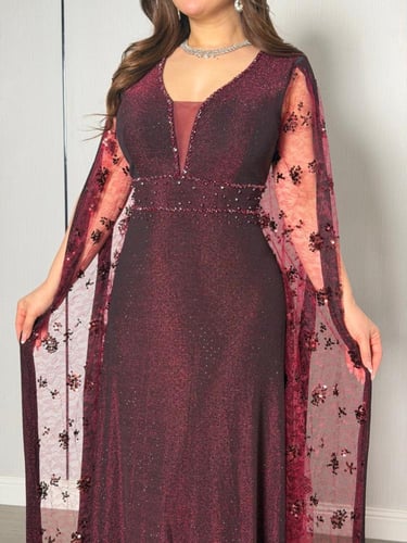 فستان خمري لامع بكاب تول مطرّز فاخر