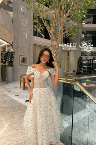 فستان سماوي أوف شولدر بتطريز شك مورد تصميم A-Line