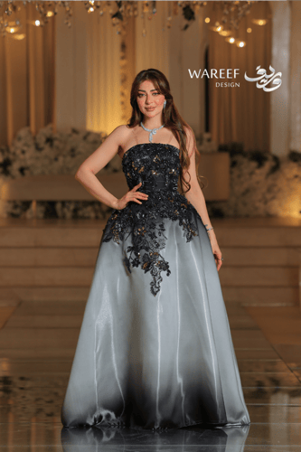 فستان سهره بتدرجات الرمادي وتطريز مميز