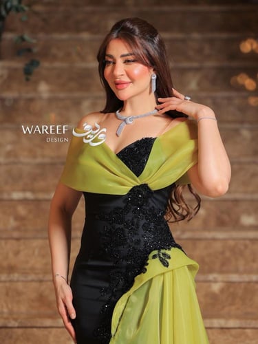 فستان سهرة أسود وأخضر ليموني أوف شولدر تفته روسي ب...