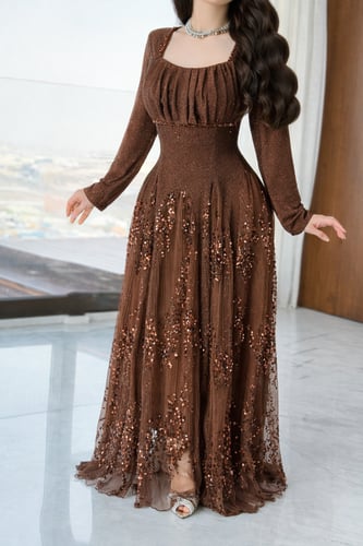 فستان سهرة مطرز بأكمام طويلة وطبقة شفافة