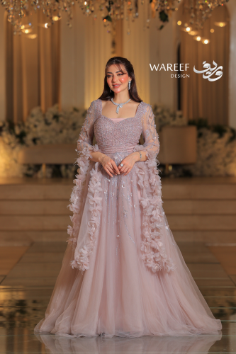 فستان سهره رمادي موف باكمام واسعه وطويله