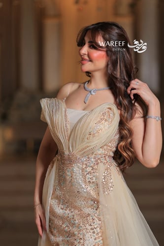 فستان بيج طويل مطرز ون شولدر بذيل تل فاخر للسهرات