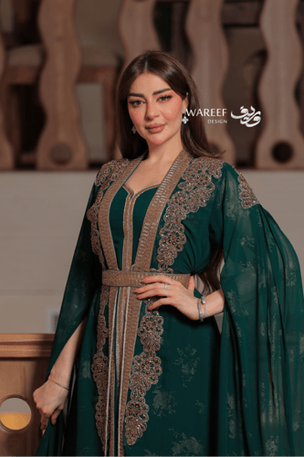 جلابية خضراء ناعمة قطعتين من قماش الشيفون تطريز ذه...