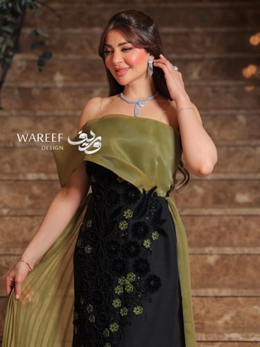 فستان سهره باللون الاسود والاخضر الزيتوني ون شولدر