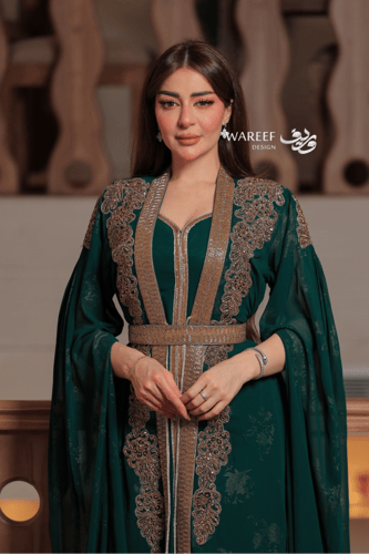 جلابية خضراء ناعمة قطعتين من قماش الشيفون تطريز ذه...