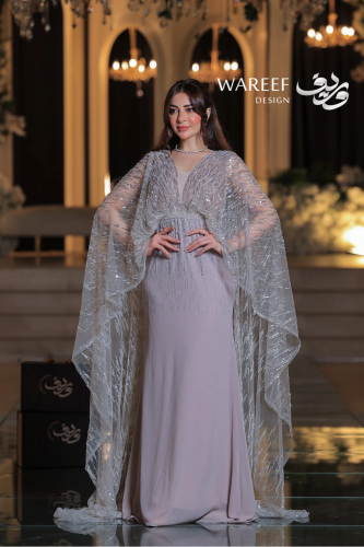 فستان سهرة لحمي طويل كاب شفاف مطرز بالفضة قصة حوري...