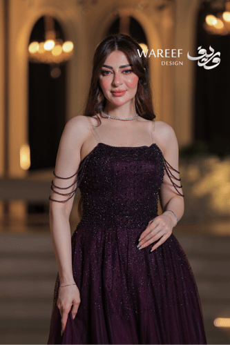 فستان سهرة بنفسجي داكن أوف شولدر أكمام منفصلة مرصع...