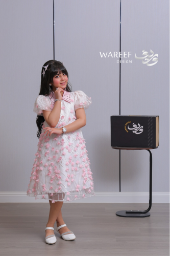 فستان بناتي مزهر بورود وردية ثلاثية الأبعاد وأكمام...