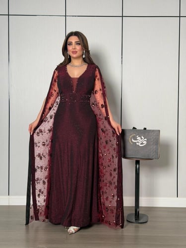 فستان خمري لامع بكاب تول مطرّز فاخر