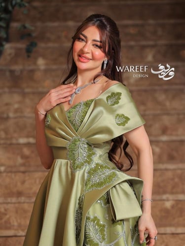 فستان سهرة أخضر زيتوني أوف شولدر – تطريز جانبي أني...