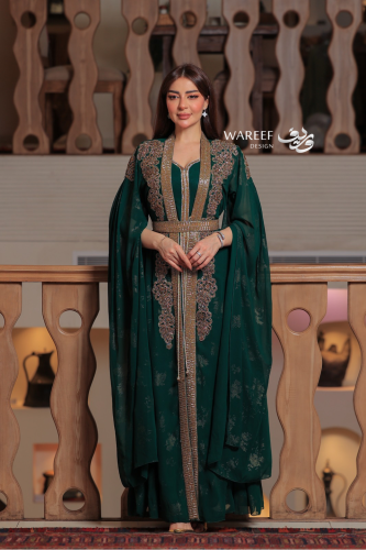 جلابية خضراء ناعمة قطعتين من قماش الشيفون تطريز ذه...