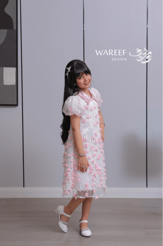 فستان بناتي مزهر بورود وردية ثلاثية الأبعاد وأكمام...