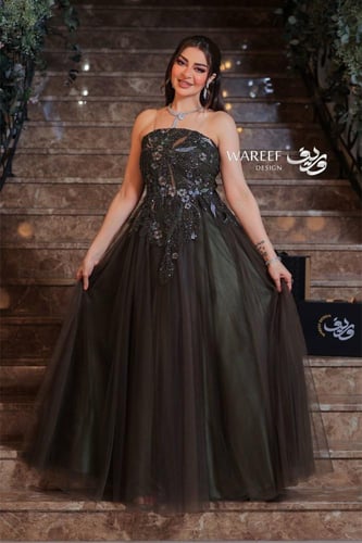 فستان سهرة زيتي بتطريز مشجر فخم – تصميم A-Line أني...