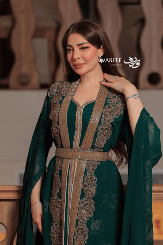 جلابية خضراء ناعمة قطعتين من قماش الشيفون تطريز ذه...