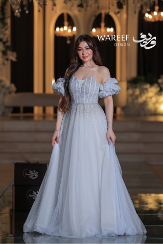 فستان سهرة سماوي ناعم أوف شولدر مع أكمام منفوشة مز...