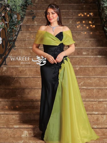 فستان سهرة أسود وأخضر ليموني أوف شولدر تفته روسي ب...