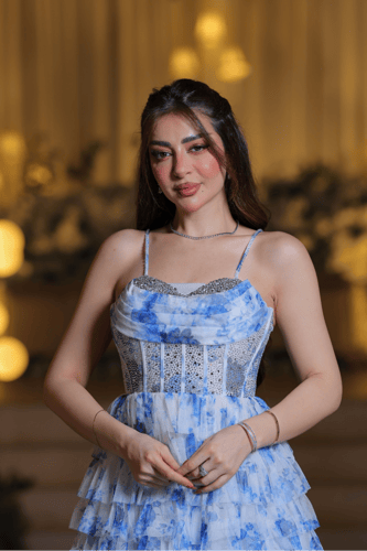 فستان سهرة أزرق سماوي بطبقات تول مزخرفة وقصة كورسي...