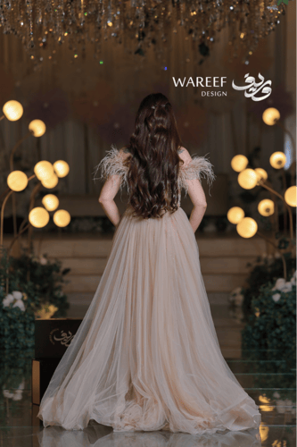 فستان سهرة بيج لامع بكتف من الريش وتطريز فاخر بانس...