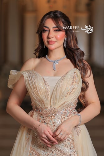 فستان بيج طويل مطرز ون شولدر بذيل تل فاخر للسهرات