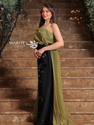 فستان سهره باللون الاسود والاخضر الزيتوني ون شولدر