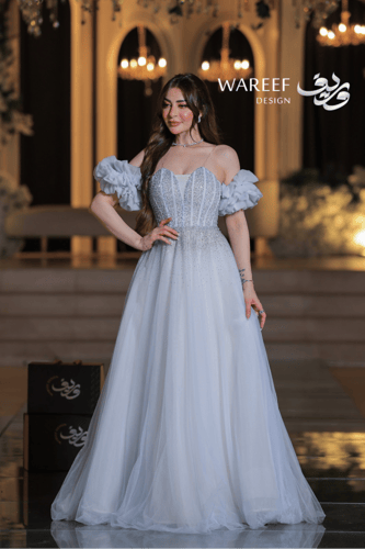 فستان سهرة سماوي ناعم أوف شولدر مع أكمام منفوشة مز...