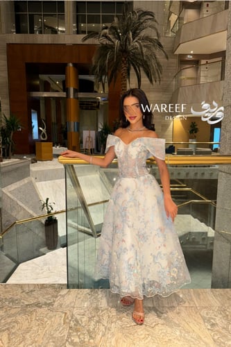 فستان سهرة سماوي A-Line بتطريز شك مشجّر – تصميم أو...