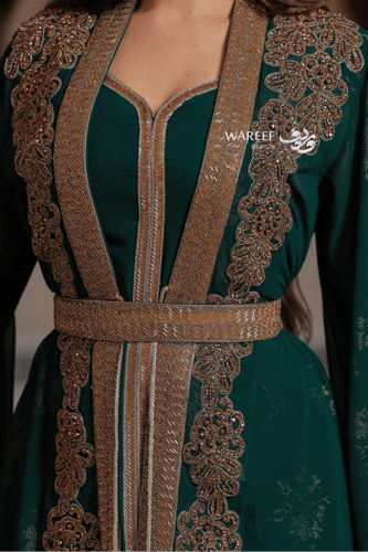 جلابية خضراء ناعمة قطعتين من قماش الشيفون تطريز ذه...