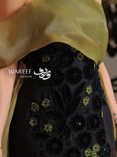 فستان سهره باللون الاسود والاخضر الزيتوني ون شولدر