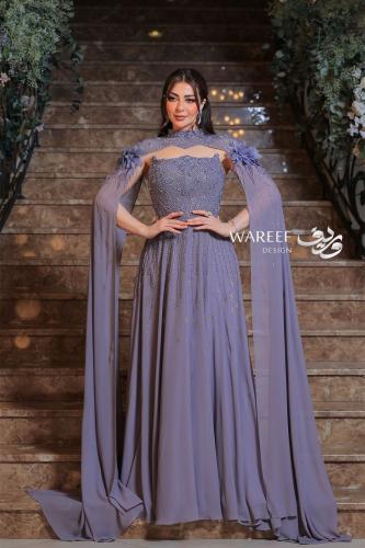 فستان سهره باللون الموف مع اكمام طويله